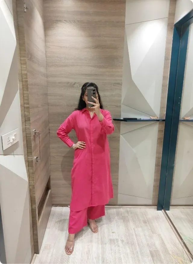 Pink Solid Minimalist Co-ord Set for Women (Kurta & Pants) – image 3
