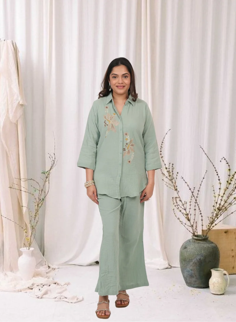 Embroidered Co-ord Set Sage Green