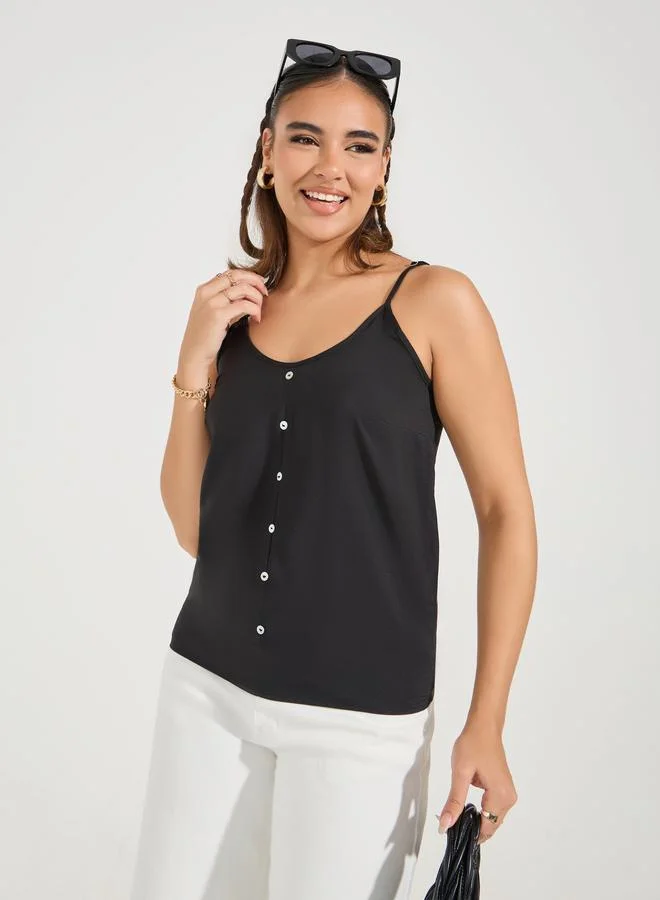 Solid Woven Button Cami Black