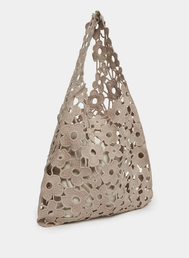 Beige Floral Crochet Tote Bag