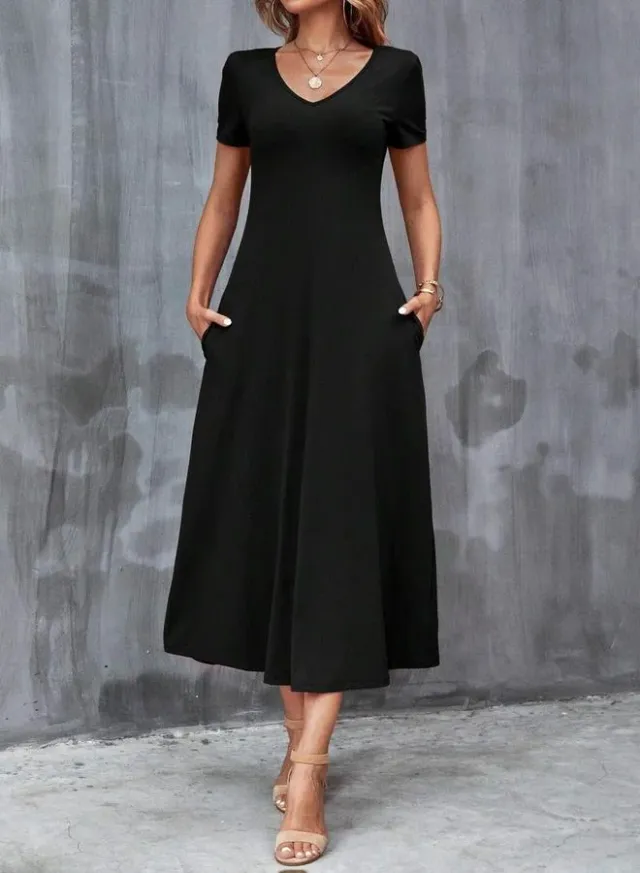 Short Sleeve A-Line Midi Dress Black – image 4