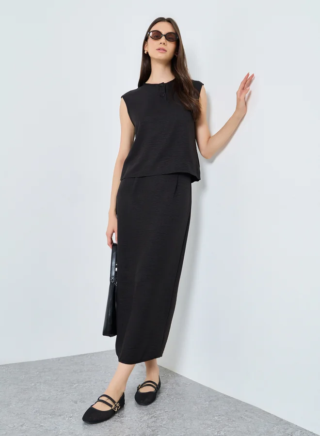 Take Two Sleeveless Buttoned Top and Skirt Set Black
