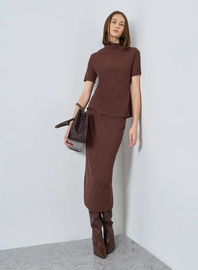 Ribbed Knit Top and Skirt Set Brown