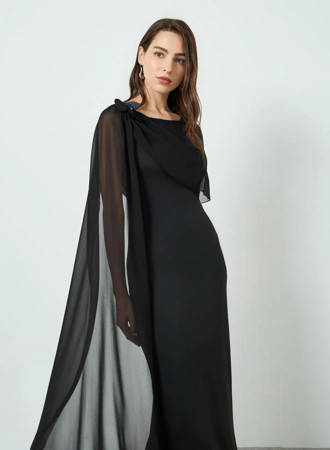 Round Neck Cape Sleeve Maxi Dress Black