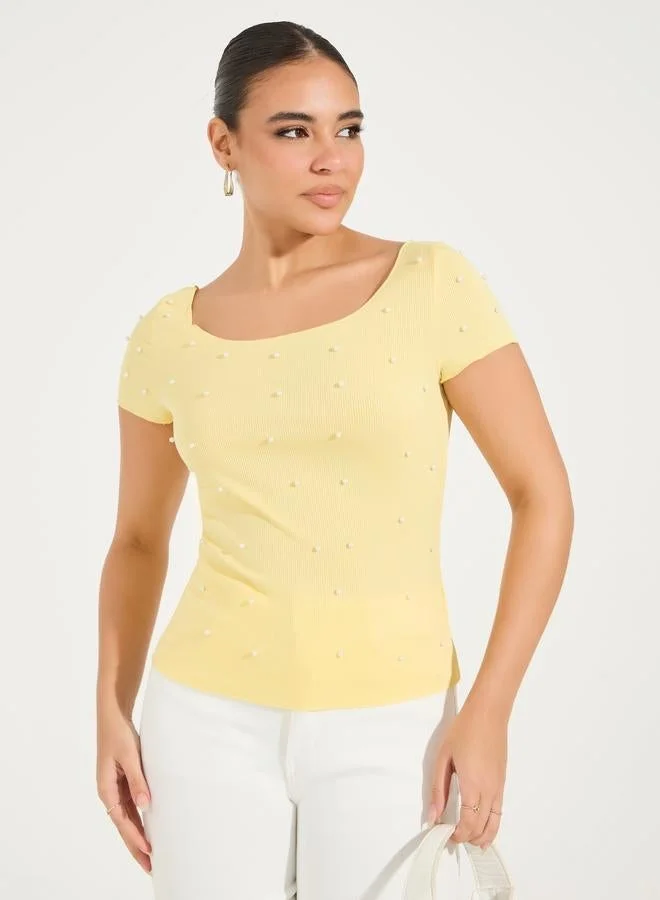 Pearl Embellished Rib Knit Wide Neck Top Yellow
