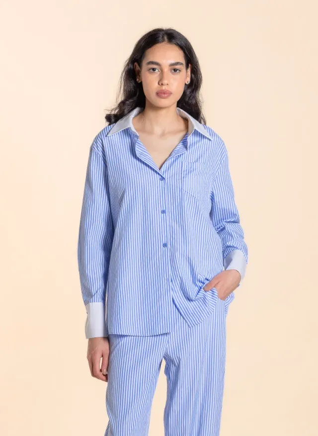 Blue Striped Shirt Set for Women with Folded Hem and Check Pocket – image 2