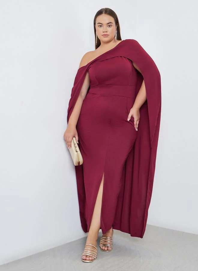 Plus Cape Sleeve Front Slit Maxi Dress Burgundy
