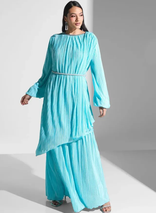 Turquoise Maxi Dress with Long Sleeves and Belted Waist – image 4