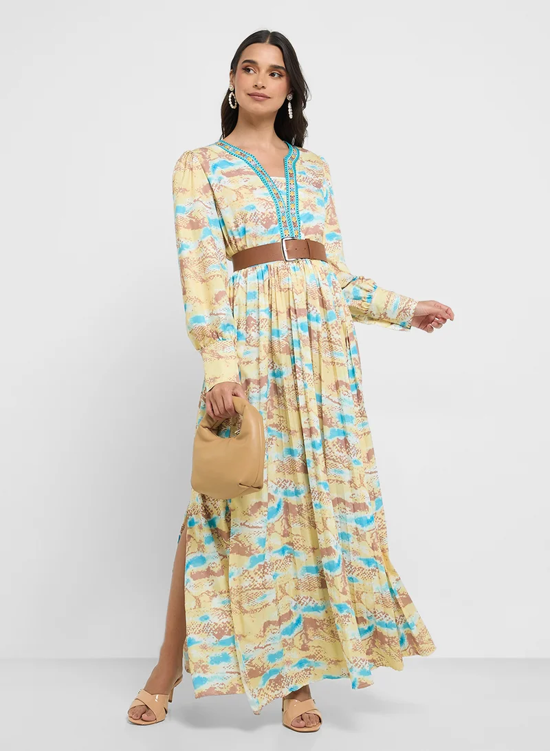 Printed Maxi Dress Peach-Yellow