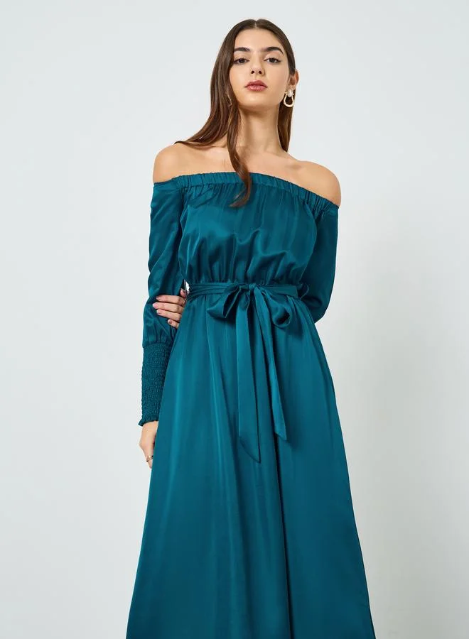 Off Shoulder Belted Maxi Dress Teal