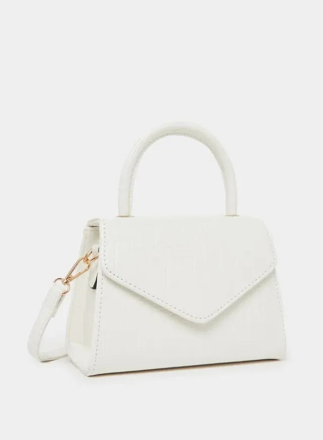 Textured Handbag with Detachable Strap White