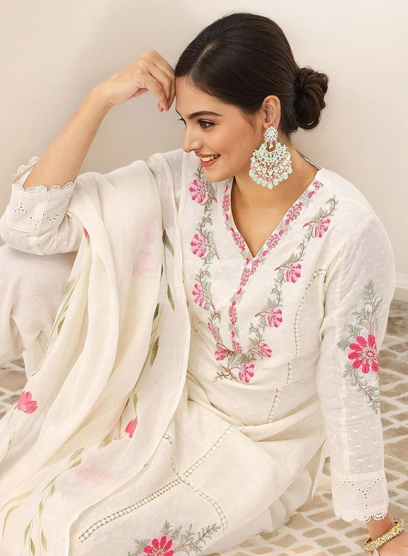 Women's Cotton Embellished Straight Kurta Set - Beige