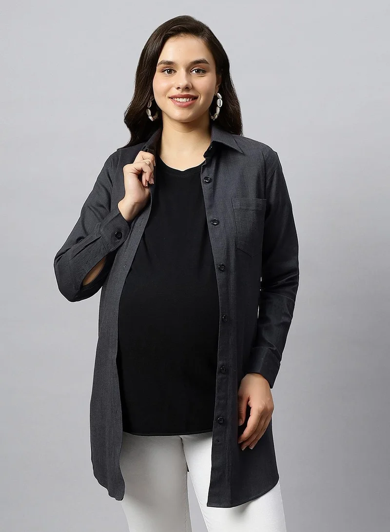 Long Cotton Lycra Denim Maternity Shirt Charcoal Gray