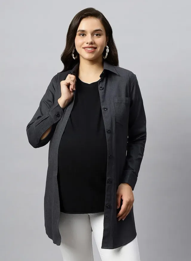 Long Cotton Denim Maternity Shirt Charcoal Gray