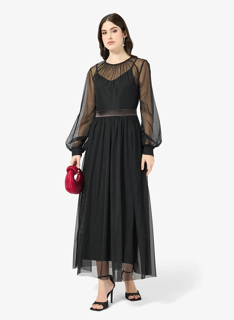 Sheer Sleeve A-Line Dress Black