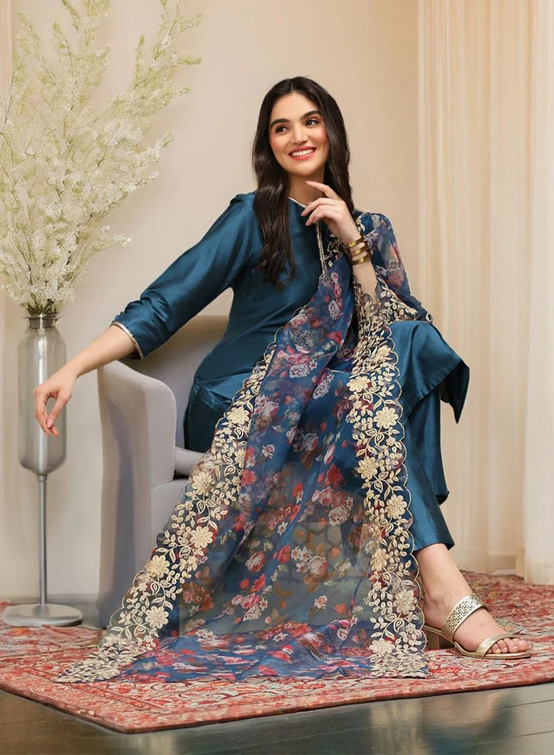 Women's Self Design Kurta Palazzo Set Deep Teal