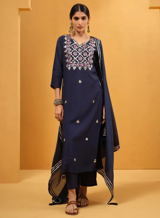 Women's Viscose Embellished 3-Piece Kurta Palazzo Set Blue