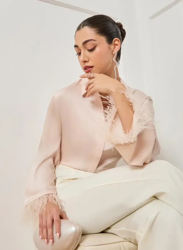 Feather Trim Satin Shirt Cream