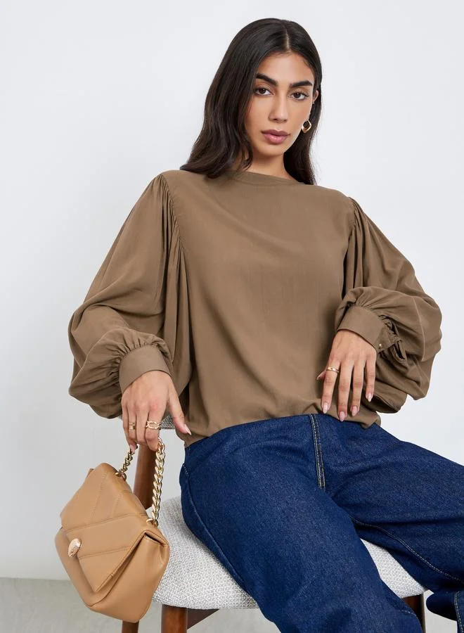 Styli Balloon Sleeve Blouse Brown