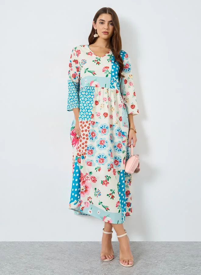 Floral Print A-Line Maxi Dress Beige