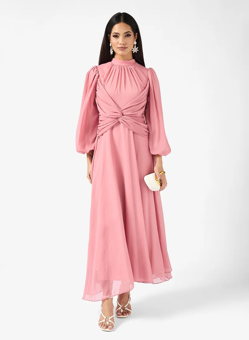 Dainty Beaded Draped Dress Pastel Pink