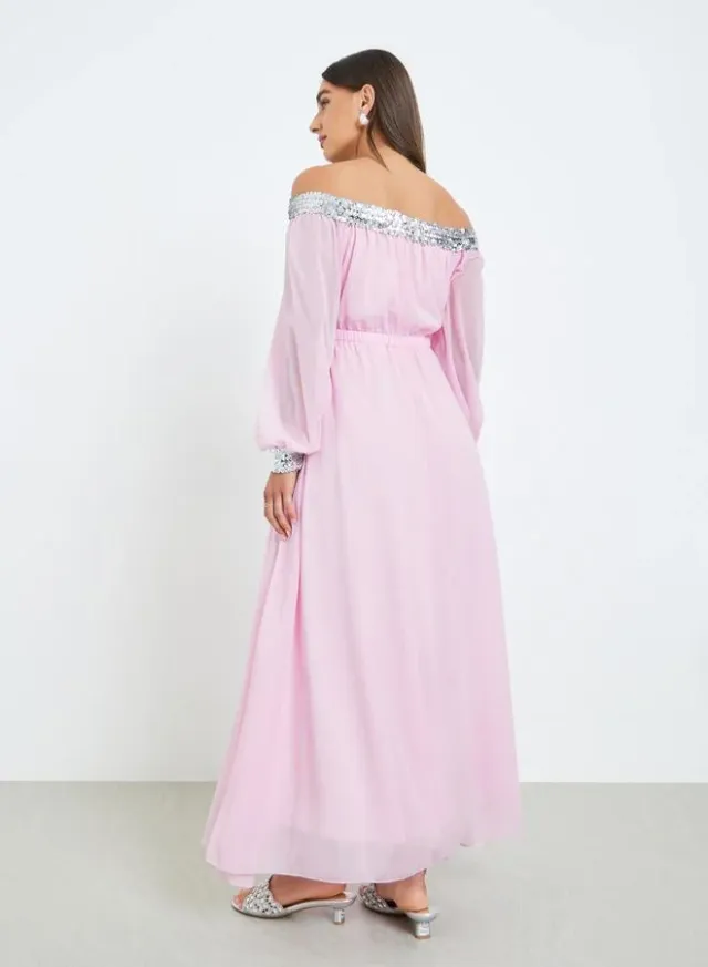 Sequined Off-Shoulder Maxi Dress Pink – image 5