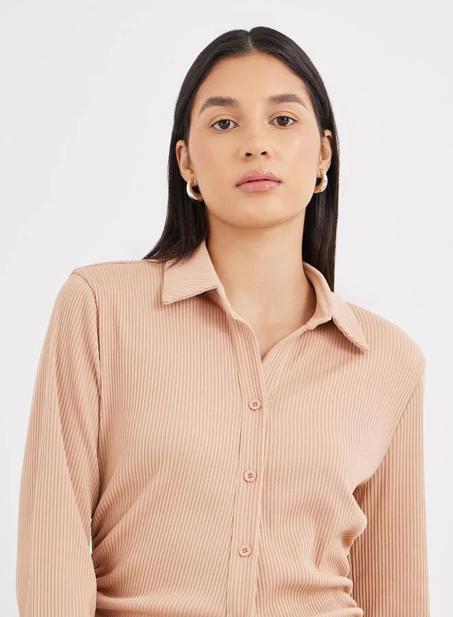 Women's Ribbed Fitted Longline Shirt Beige