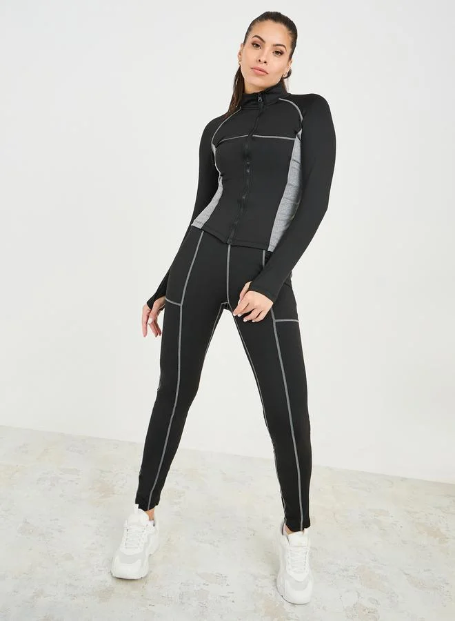 Contrast Stitch Zip Up Jacket and Leggings Set Black