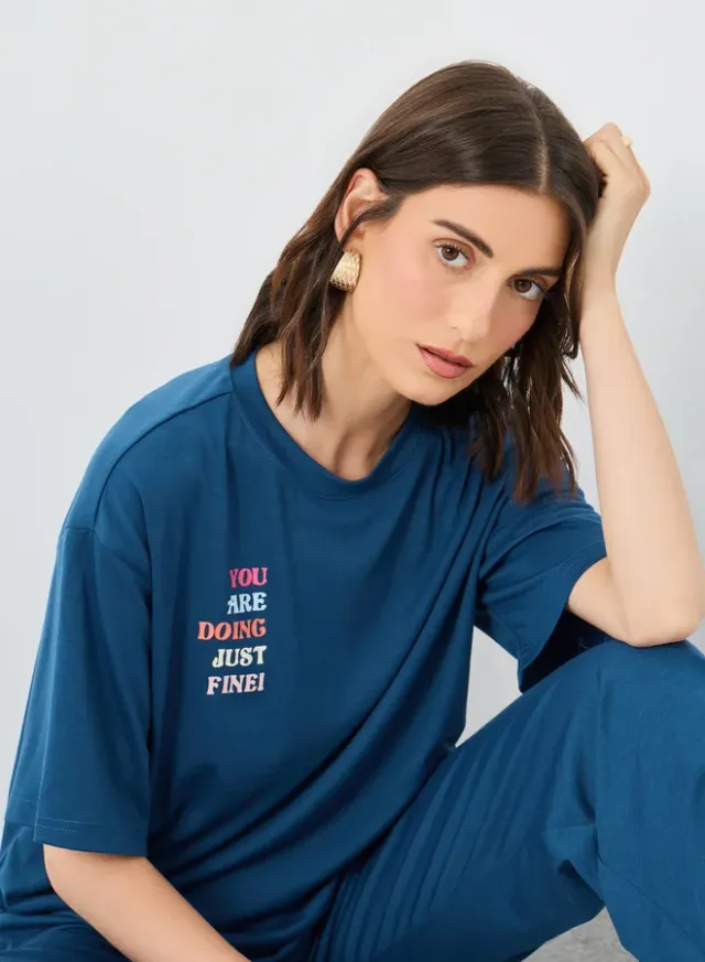 Blue Printed Round Neck T-Shirt and High-Rise Joggers Set – image 4
