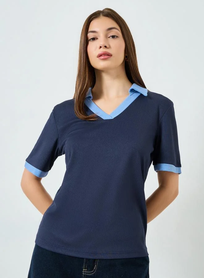 Contrast Trim V-Neck Knit T-Shirt Deep Blue