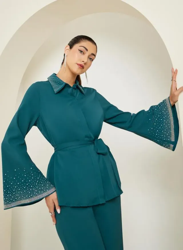 Embellished Shirt & Trousers Co-ord Set Teal