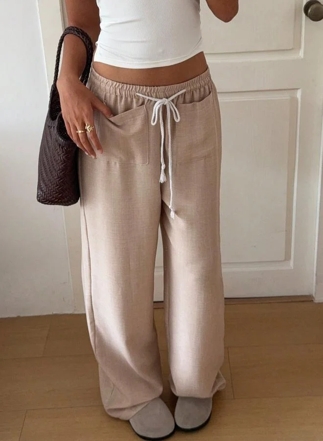 Wide Leg Linen Drawstring Pants Beige