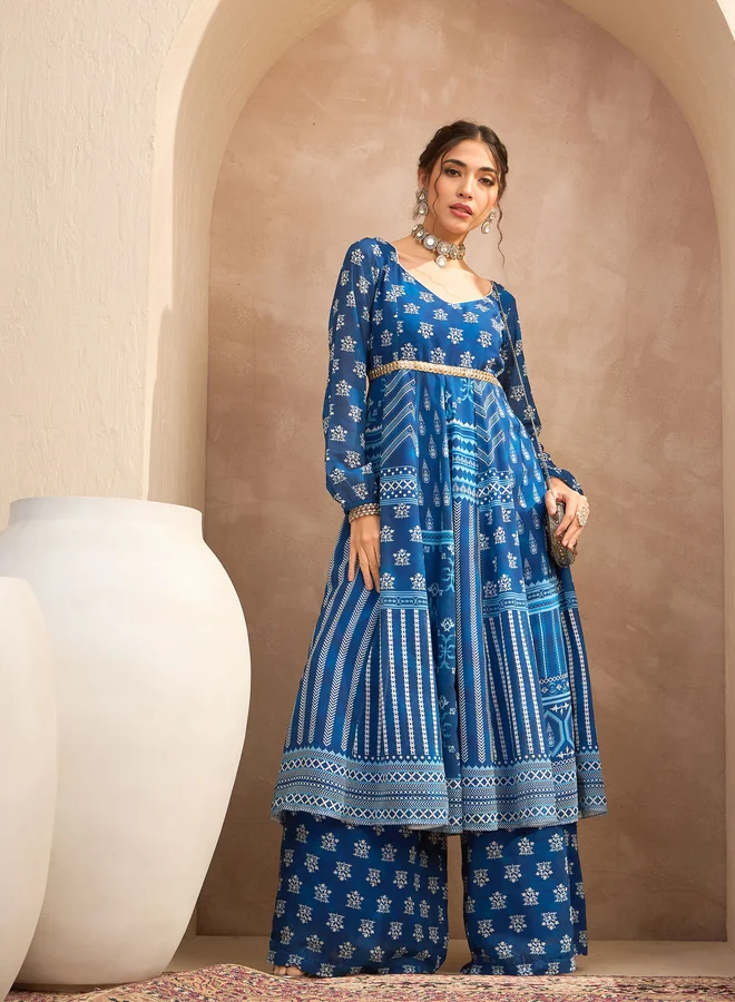 Floral Print Anarkali Kurta Set Steel Blue
