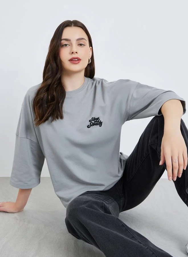 Women's Embroidered Cotton Oversized T-Shirt Grey