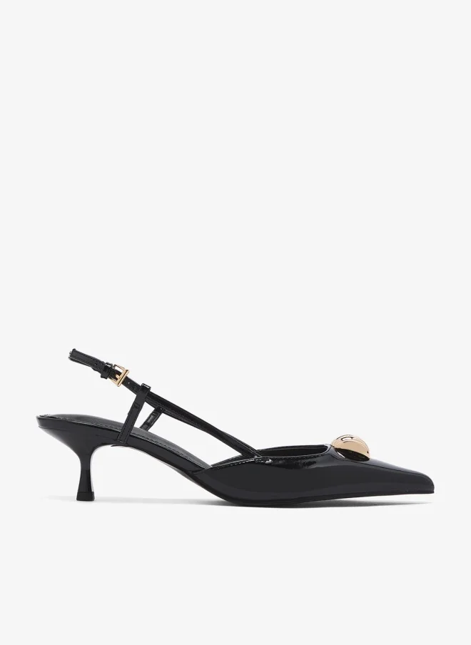 Gold Accent Open Back Mid Heel Pumps Black