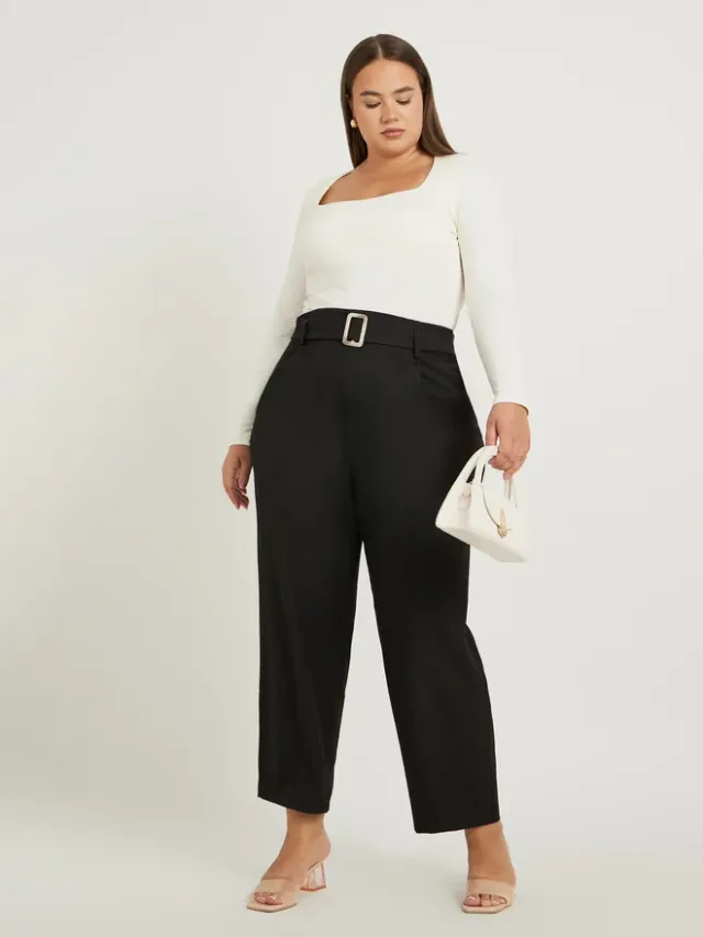 Plus Size High Rise Pleated Tapered Pants Black