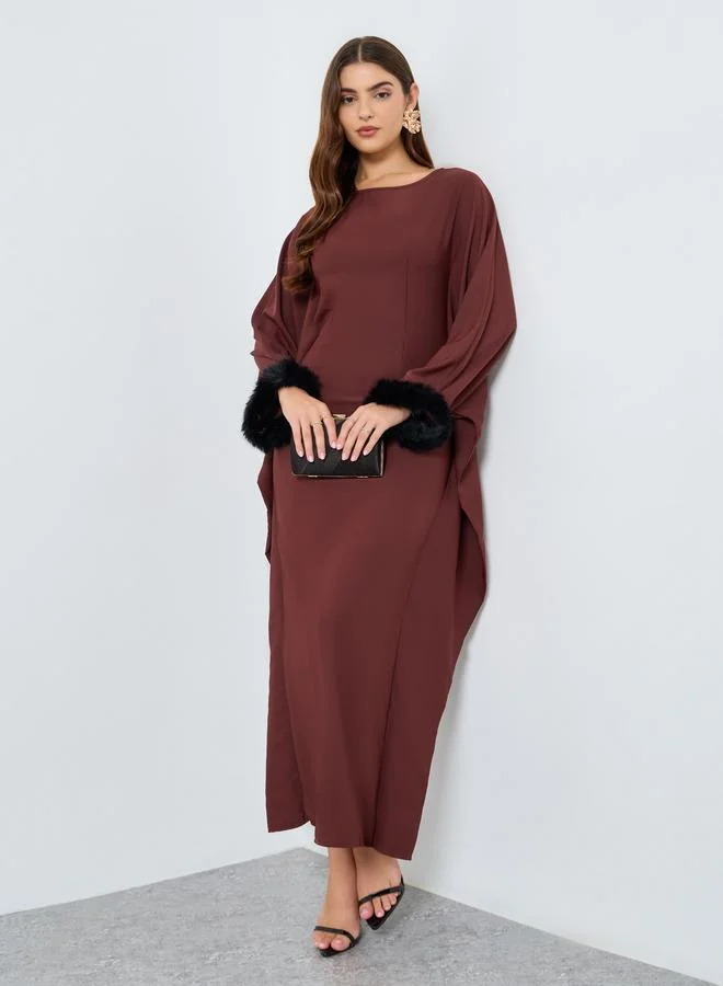 Faux Fur Cuff Maxi Dress Dark Rose