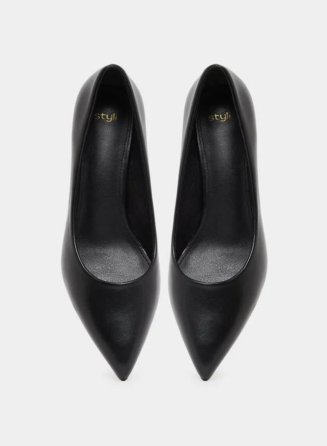 Pointed-Toe Kitten Heel Court Shoes Black