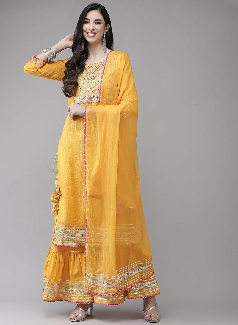Women's Embroidered Cotton Kurta Set Yellow