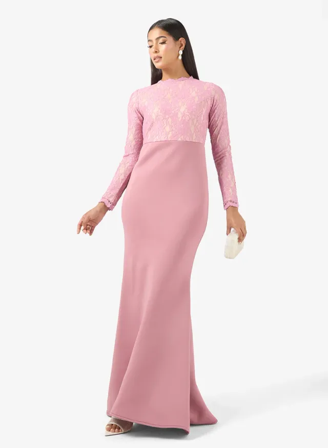 Pink Embroidered Lace Bodice Gown with Long Sleeves – image 4