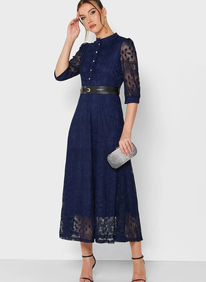 Lace Belted Midi Dress Deep Navy Blue
