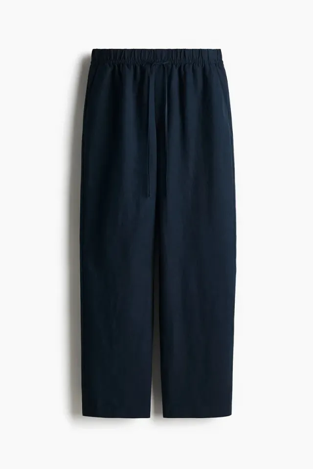 Blue Dark Linen Blend Drawstring Ankle Trousers for Women – image 3