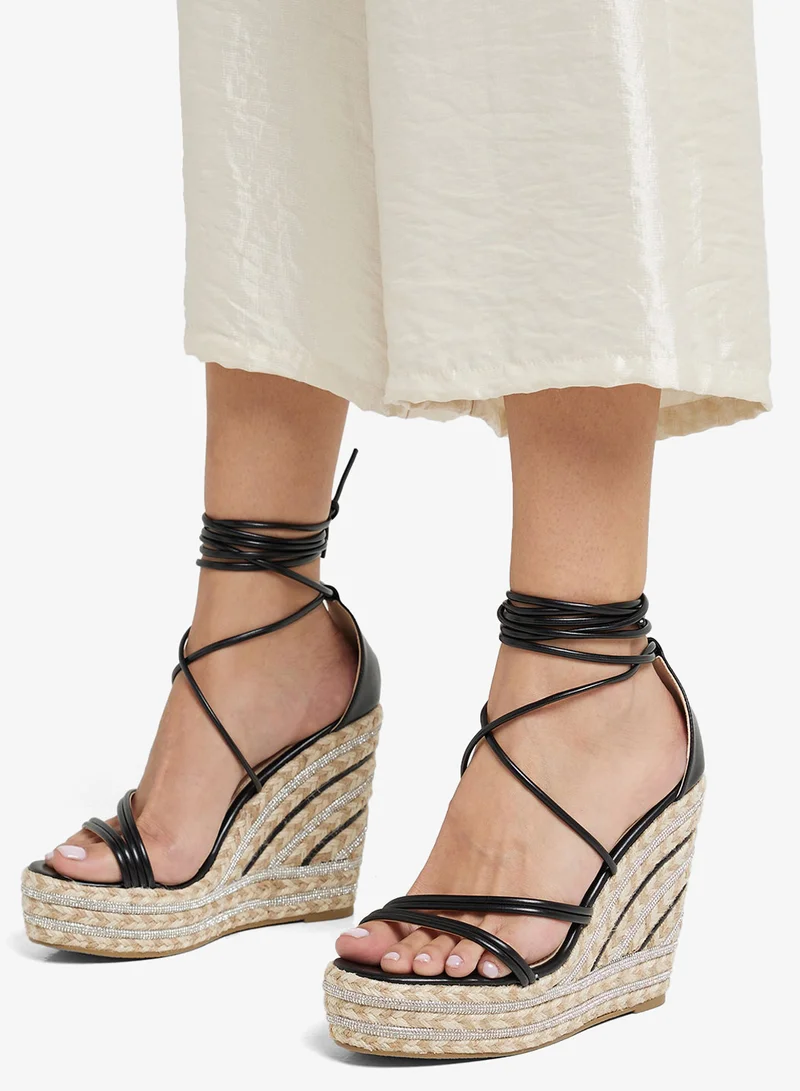 Multi-Strap Tie-Up Wedge Sandals Black