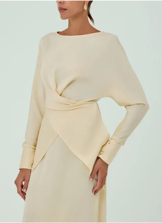 Yellow Boat Neck Long-Sleeve Bodycon Dress – image 4