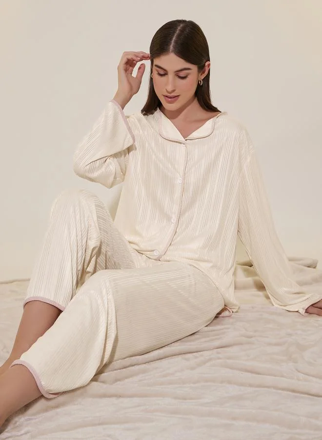 Striped Long Sleeve Pyjama Set Beige