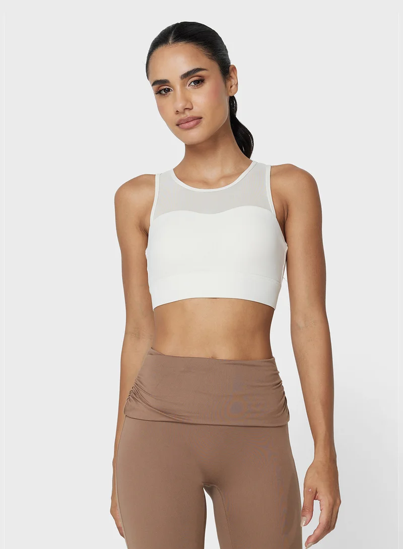 Mesh Panel Back Clasp Sports Bra White
