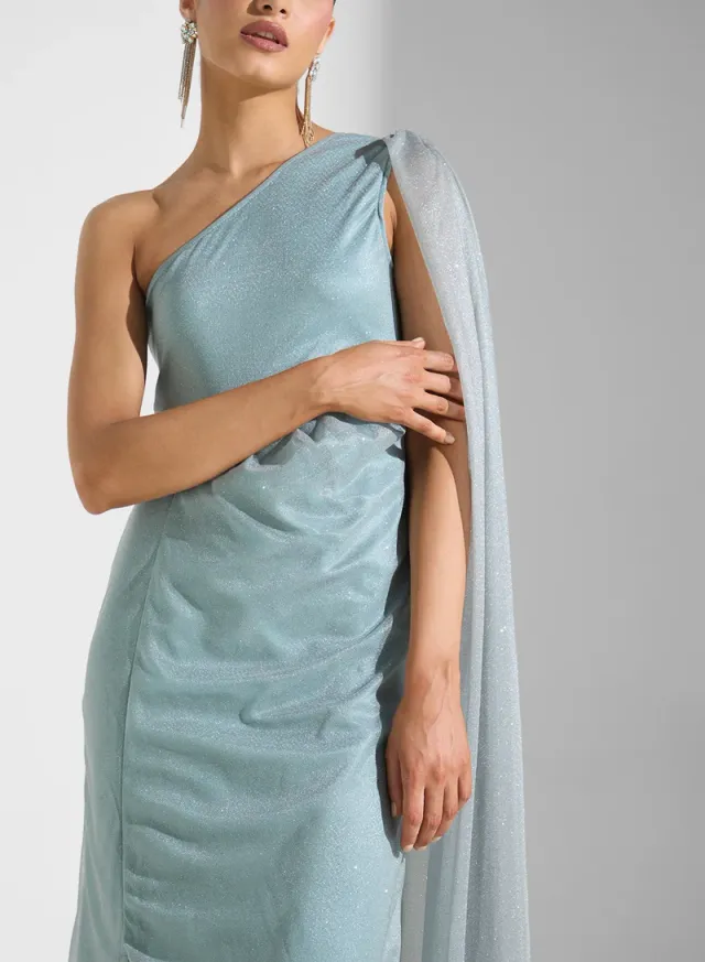 Light Blue One-Shoulder Maxi Dress with Exaggerated Sleeve Trail – image 3