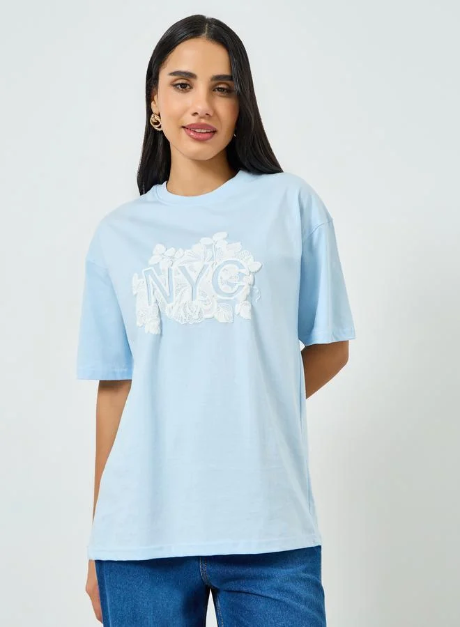 Oversized Rubber Print Cotton T-Shirt Blue