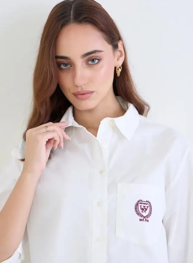 White Cotton Cropped Boxy Shirt with Long Sleeves – image 4