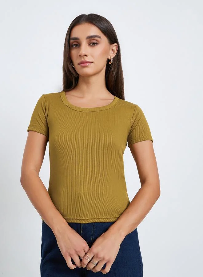 Women's Ribbed Knit Short Sleeve Top Olive